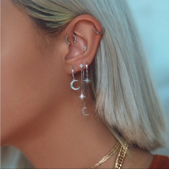 NWT 925 Sterling Silver Star Moon Celestial Dainty Huggie Hoop Opal Earrings - Picture 5 of 12